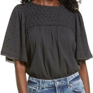 Free People Black Textured Yoke Flutter Sleeve Bodysuit